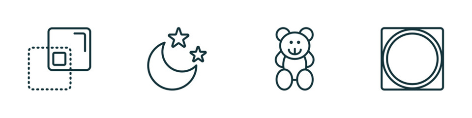 Poster - set of 4 linear icons from shapes concept. outline icons included minus front, moon and stars, toys, vignette vector
