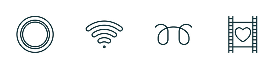 Poster - set of 4 linear icons from shapes concept. outline icons included blank circle, wireless, glowplug, film strip with heart vector