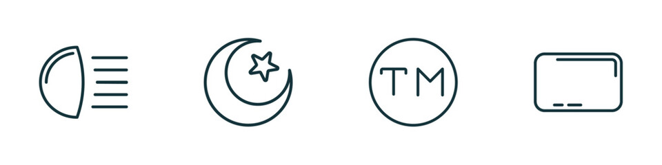 Poster - set of 4 linear icons from shapes concept. outline icons included high beam, islamic moon, trademark, rounded rectangle vector