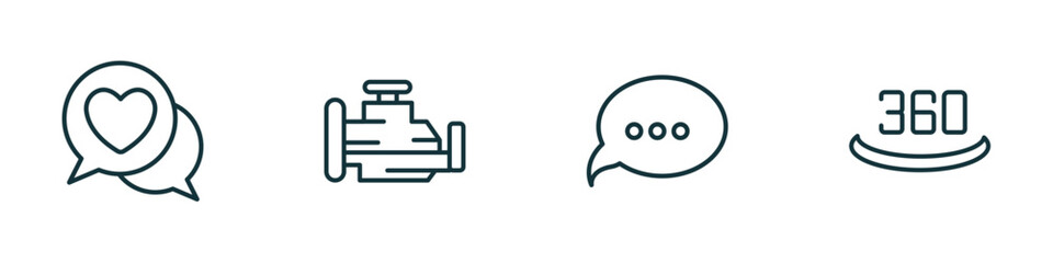 set of 4 linear icons from shapes concept. outline icons included lover, malfunction indicador, speech bubble black, 360 vector