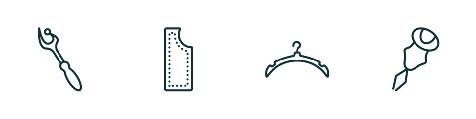 Poster - set of 4 linear icons from sew concept. outline icons included ripper, material, clothes hanger, threader vector