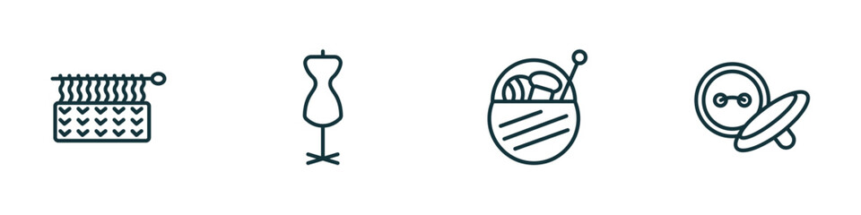 Poster - set of 4 linear icons from sew concept. outline icons included handloom, mannequin, sewing basket, button vector