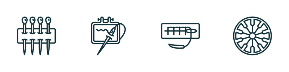 Poster - set of 4 linear icons from sew concept. outline icons included of pins, needlework, suture, spokes vector