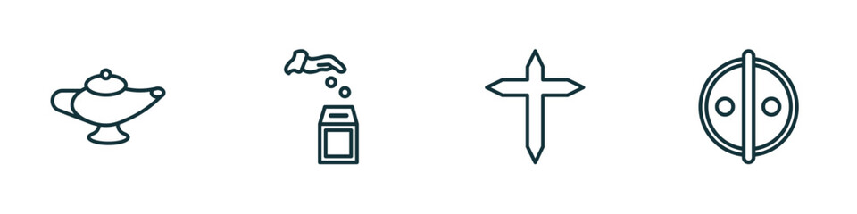 Poster - set of 4 linear icons from religion collection. concept. outline icons included arabian magic lamp, sadaqah charity, cross, animism vector