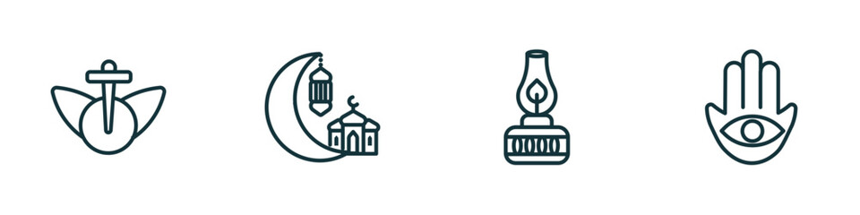 Poster - set of 4 linear icons from religion concept. outline icons included heresy, islamic ramadan, old oil lamp, hamsa vector