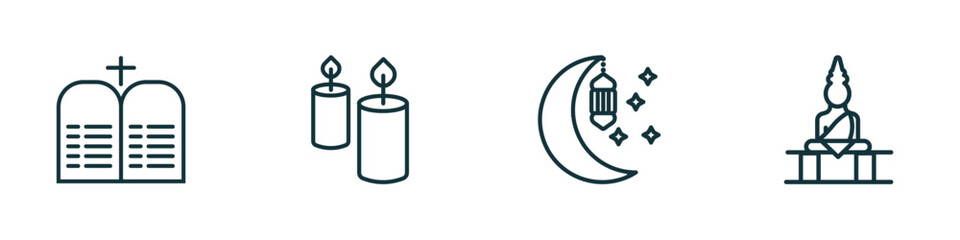 set of 4 linear icons from religion concept. outline icons included commandments, candles, ramadan month, great buddha vector