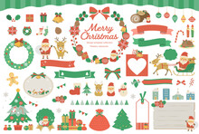 クリスマスのイラストとフレームセット 文字なし / サンタクロース、12月、クリスマスツリー、冬、飾り、デザイン、リボン、ベクター