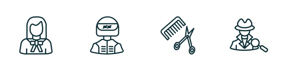 Poster - set of 4 linear icons from professions concept. outline icons included lawyer, racer, hairdresser, detective vector