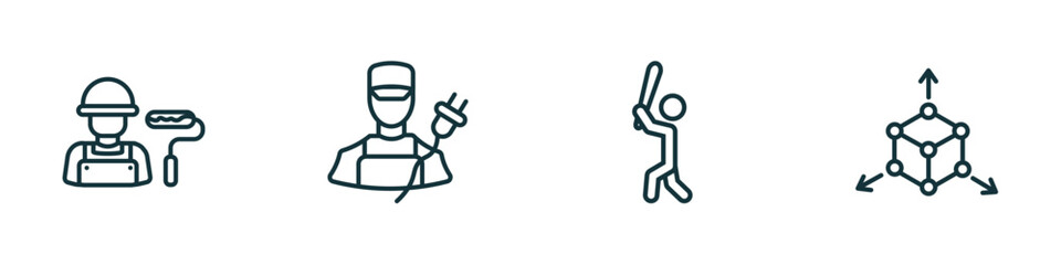 Poster - set of 4 linear icons from professions & jobs concept. outline icons included dyer, electrician, baseball player, model vector