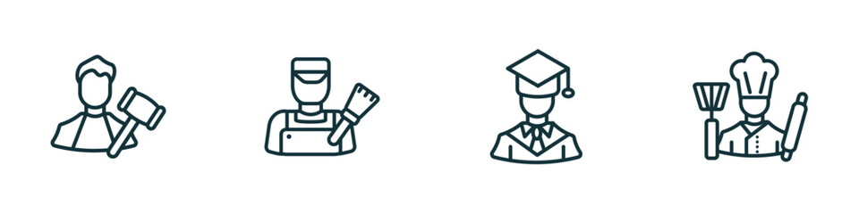 Poster - set of 4 linear icons from professions concept. outline icons included judge, painter, graduated, cooker vector