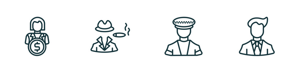 Poster - set of 4 linear icons from professions concept. outline icons included financial manager, mafia, taxi driver, businessman vector