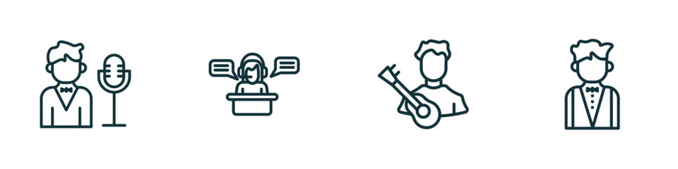 Poster - set of 4 linear icons from professions concept. outline icons included showman, secretary, musician, butler vector