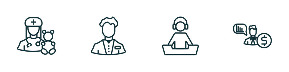 Poster - set of 4 linear icons from professions concept. outline icons included pediatrician, clerk, dj, financial advisor vector