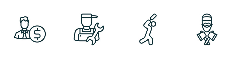 Poster - set of 4 linear icons from professions concept. outline icons included accountant, plumber, cricket player, lumberjack vector