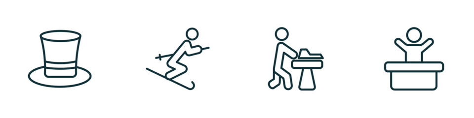 Poster - set of 4 linear icons from people concept. outline icons included tall hat, ski stick man, carpenter working, worker success vector