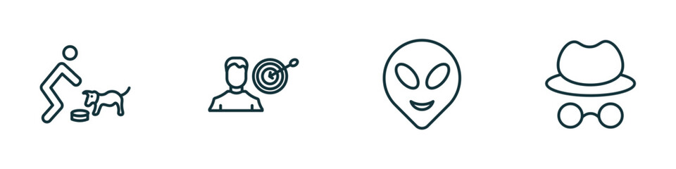 Poster - set of 4 linear icons from people concept. outline icons included feeding a dog, man with target, alien smile, hat and glasses vector
