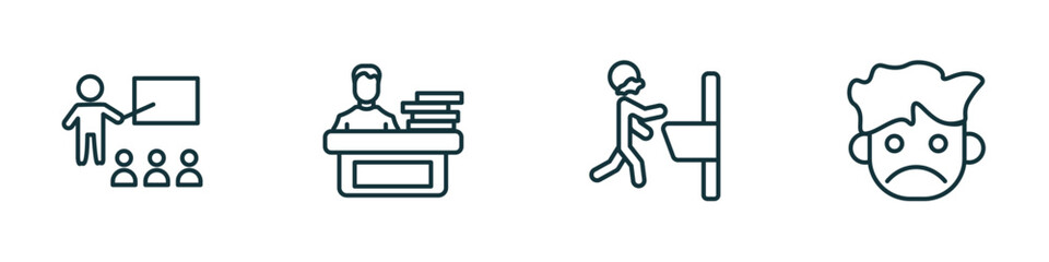 Poster - set of 4 linear icons from people concept. outline icons included teacher and students, working at the office, man shaving, sad smile vector