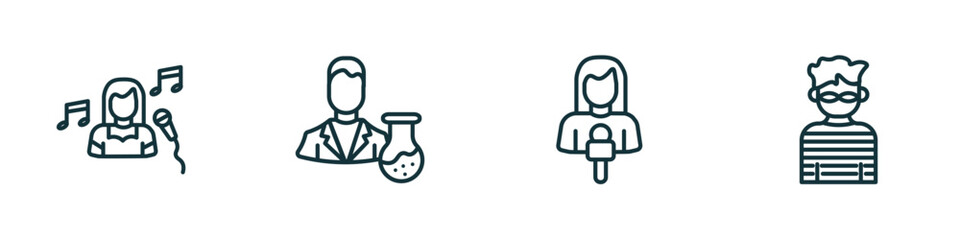 Poster - set of 4 linear icons from professions concept. outline icons included singer, scientist, journalist, thief vector
