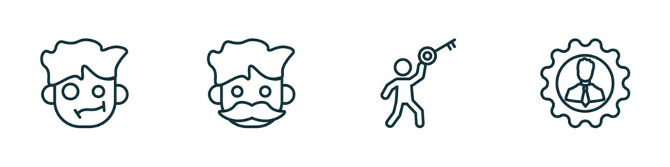 Poster - set of 4 linear icons from people concept. outline icons included confused smile, hipster smile, man with big key, perfect worker vector