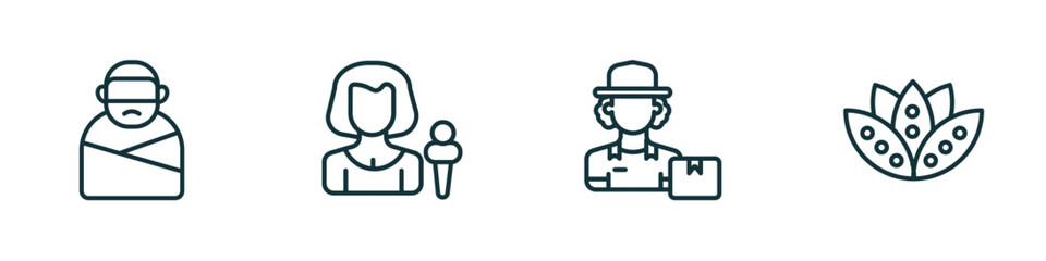 Poster - set of 4 linear icons from people concept. outline icons included kidnapping, foreign reporter, delivery woman, bohemian vector