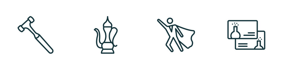Poster - set of 4 linear icons from other concept. outline icons included work hammer, arabic jar, super hero, chemistry business card vector