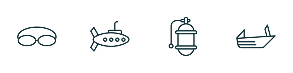 Poster - set of 4 linear icons from nautical concept. outline icons included swimming glasses, submarine, air tank, roofless speed boat vector