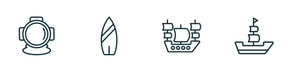 Poster - set of 4 linear icons from nautical concept. outline icons included aqualung, suroard, old galleon, 