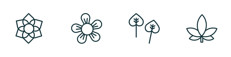 Poster - set of 4 linear icons from nature concept. outline icons included clematis, jasmine, poplar, hemp vector