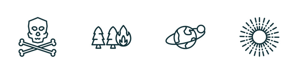 Poster - set of 4 linear icons from nature concept. outline icons included death, pine tree on fire, planet with satellite, shining sun with rays vector