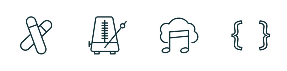 Poster - set of 4 linear icons from music and media concept. outline icons included clave, metronome, downloaded music cloud, brace vector