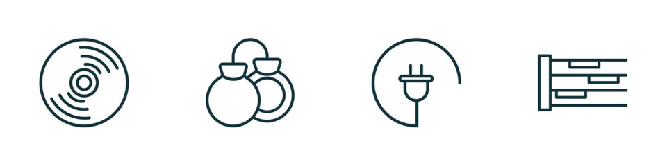 Poster - set of 4 linear icons from music and media concept. outline icons included cd, castanets, charging plug, whole rest vector