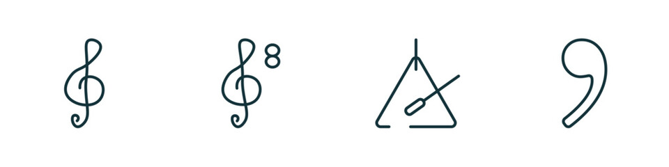Poster - set of 4 linear icons from music and media concept. outline icons included treble clef, octave clef, music triangle, breath mark vector