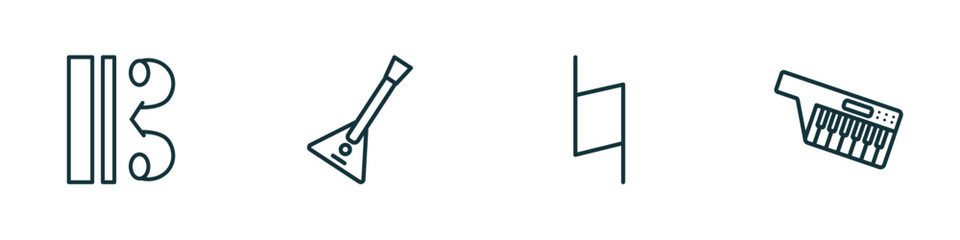 Poster - set of 4 linear icons from music and media concept. outline icons included alto clef, balalaika, natural, keytar vector