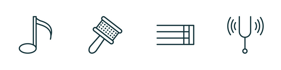 Poster - set of 4 linear icons from music and media concept. outline icons included semiquaver, cabasa, bold double bar line, tuning fork vector
