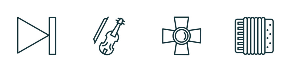 Poster - set of 4 linear icons from music concept. outline icons included skip, cello, music spotlight, accordion vector
