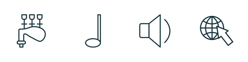 Poster - set of 4 linear icons from music and media concept. outline icons included bagpipes, crotchet, low volume speaker, globe with pointer vector