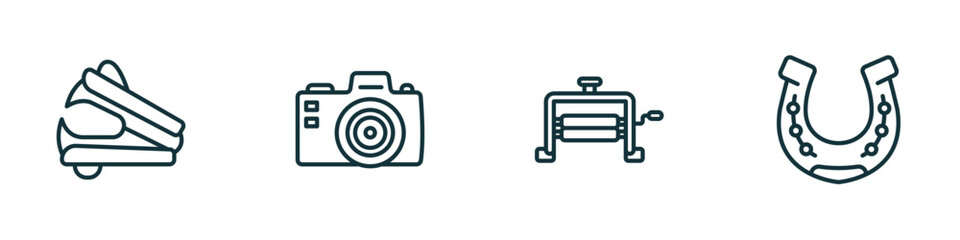 Poster - set of 4 linear icons from miscellaneous concept. outline icons included stapler remover, camera front, wringer, horseshoes vector