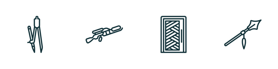 Poster - set of 4 linear icons from miscellaneous concept. outline icons included school compass, flame thrower, room door, spears vector