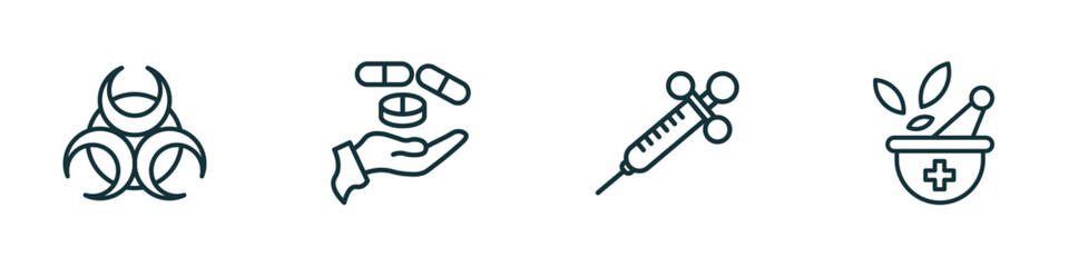 Poster - set of 4 linear icons from medical concept. outline icons included biological warning, drugs, anesthesia, phary tool vector