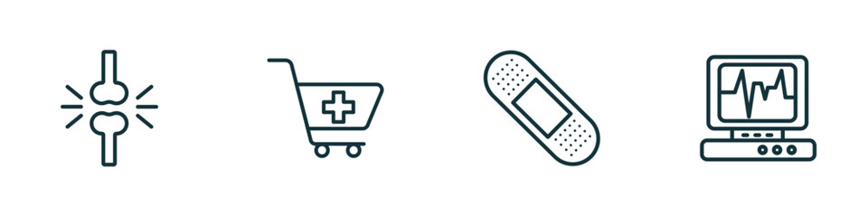 Poster - set of 4 linear icons from medical concept. outline icons included femur, phary shopping cart, sticking plaster, heart rate monitor vector