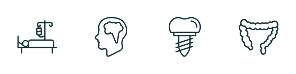 Poster - set of 4 linear icons from medical concept. outline icons included illness on bed, brain in bald male head, implants, colon vector