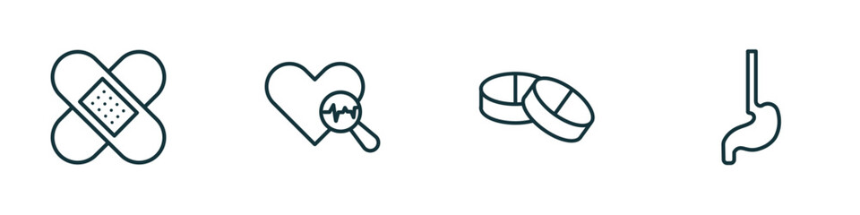 Poster - set of 4 linear icons from medical concept. outline icons included plastering, medical heart scan, tablets, esophagus vector
