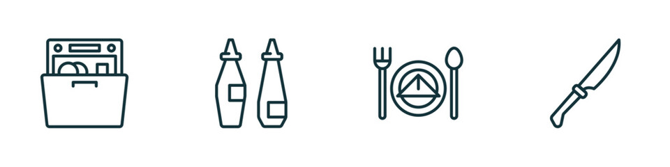 Poster - set of 4 linear icons from kitchen concept. outline icons included dishwasher, sauces, dinner, knives vector