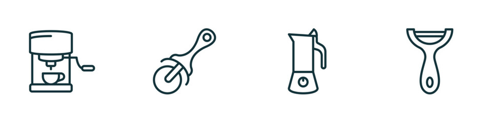 Poster - set of 4 linear icons from kitchen concept. outline icons included coffee hine, pizza cutter, coffee maker, peeler vector