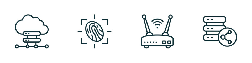 Poster - set of 4 linear icons from internet security concept. outline icons included cloud server, fingerprint scan, wireless router, data share vector