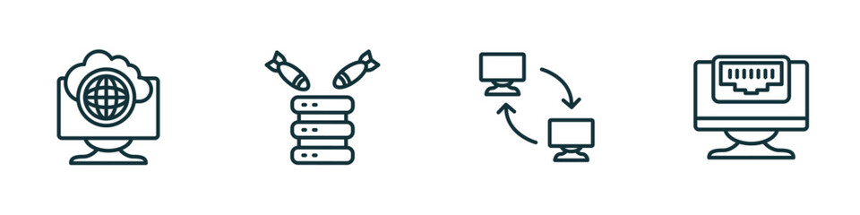 Poster - set of 4 linear icons from internet security concept. outline icons included internet connection, ddos, remote access, ethernet vector