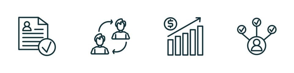 Poster - set of 4 linear icons from human resources concept. outline icons included approved, change personal, earnings, multitask vector