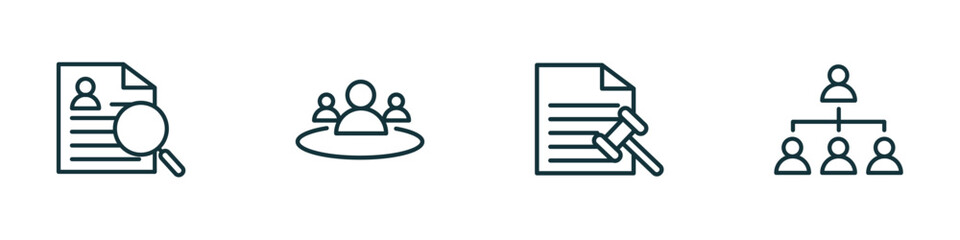 Poster - set of 4 linear icons from human resources concept. outline icons included curriculum vitae, human resources, grievance, company structure vector