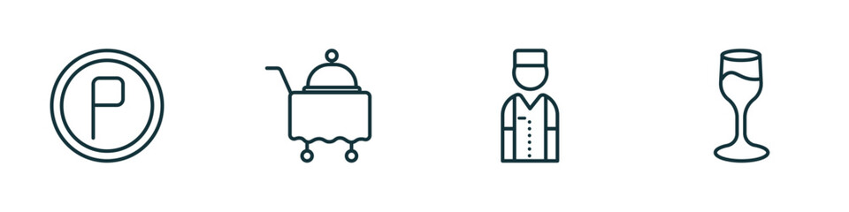 Poster - set of 4 linear icons from hotel and restaurant concept. outline icons included parking, room service, bellboy, wine glass vector