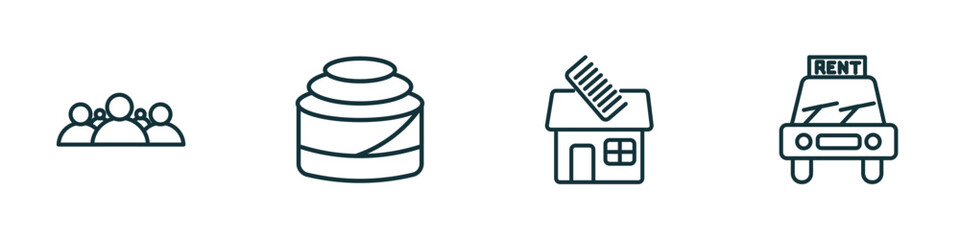 Poster - set of 4 linear icons from hotel and restaurant concept. outline icons included people, cinnamon roll, barbershop, rent a car vector